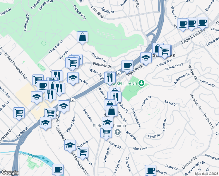 map of restaurants, bars, coffee shops, grocery stores, and more near 2855 West Ave 35 in Los Angeles