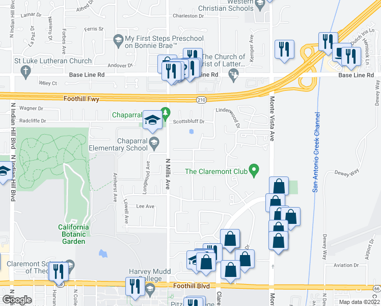 map of restaurants, bars, coffee shops, grocery stores, and more near 582 Clarion Place in Claremont