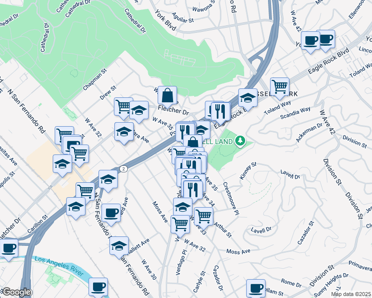 map of restaurants, bars, coffee shops, grocery stores, and more near 2855 West Avenue 35 in Los Angeles