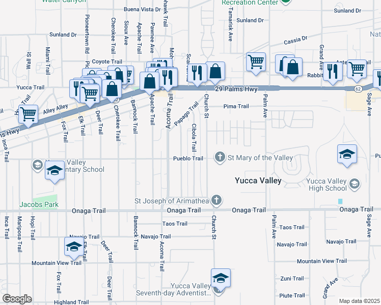 map of restaurants, bars, coffee shops, grocery stores, and more near 7486 Cibola Trail in Yucca Valley