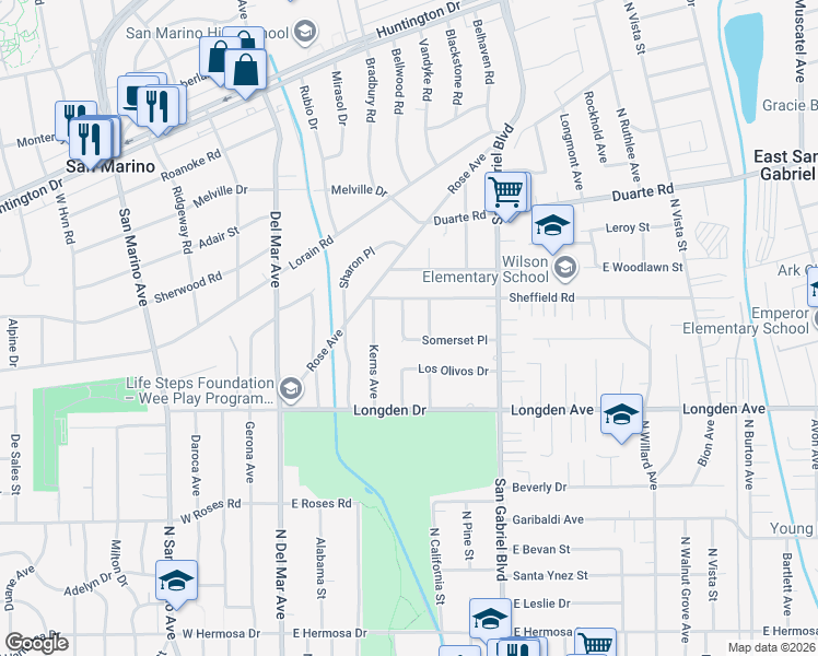 map of restaurants, bars, coffee shops, grocery stores, and more near 1954 Endicott Road in San Marino