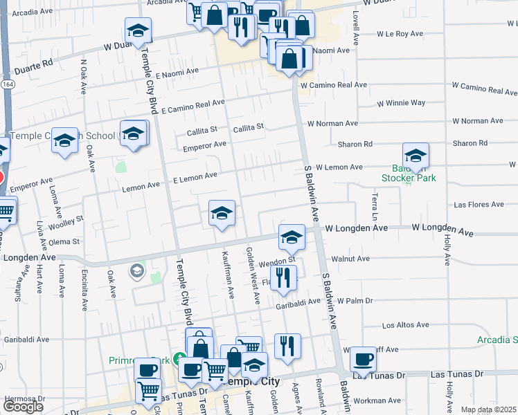 map of restaurants, bars, coffee shops, grocery stores, and more near 9827 Estrella Avenue in Temple City