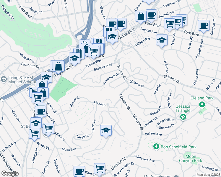 map of restaurants, bars, coffee shops, grocery stores, and more near 3963 College Crest Drive in Los Angeles