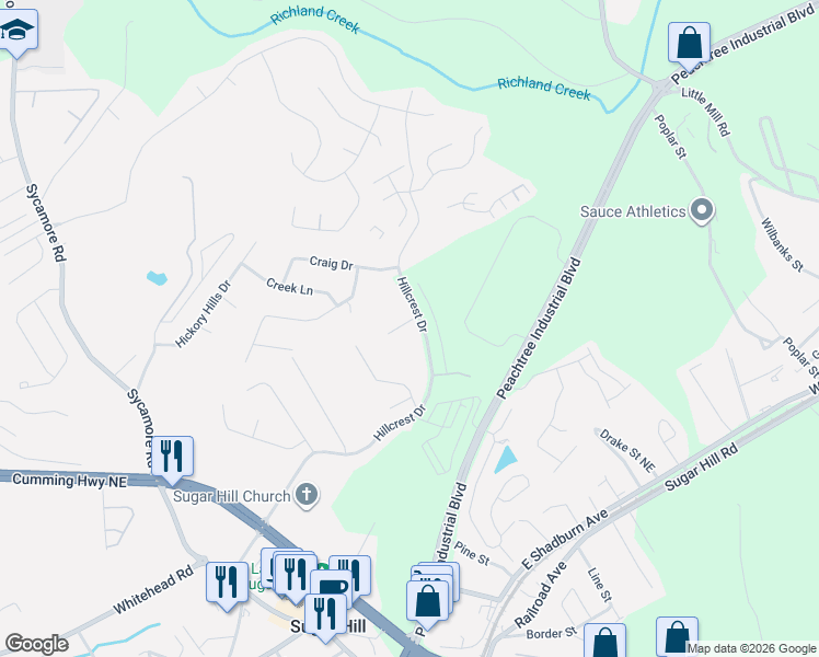 map of restaurants, bars, coffee shops, grocery stores, and more near 1495 Brookdale Drive in Sugar Hill