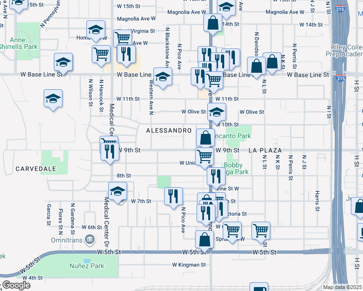 map of restaurants, bars, coffee shops, grocery stores, and more near 1406 W 9th St in San Bernardino