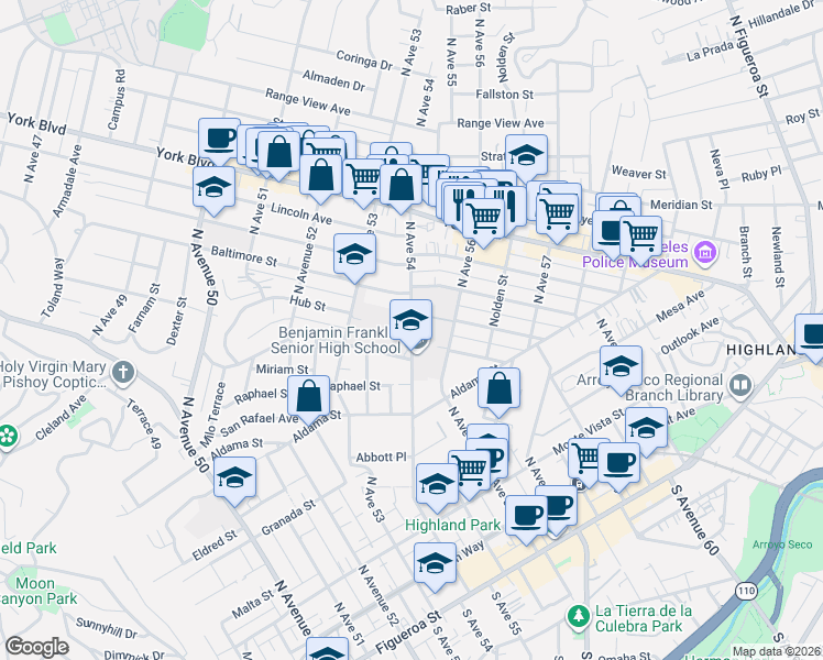map of restaurants, bars, coffee shops, grocery stores, and more near North Avenue 54 in Los Angeles