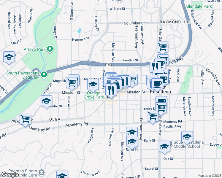 map of restaurants, bars, coffee shops, grocery stores, and more near 809 Meridian Avenue in South Pasadena