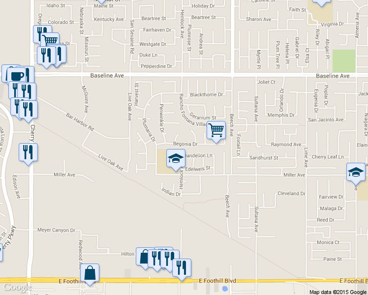 map of restaurants, bars, coffee shops, grocery stores, and more near 15101 Begonia Drive in Fontana