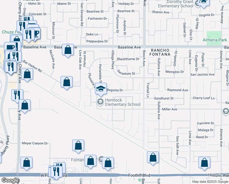 map of restaurants, bars, coffee shops, grocery stores, and more near 15101 Begonia Drive in Fontana