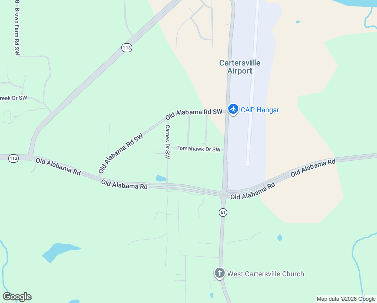 map of restaurants, bars, coffee shops, grocery stores, and more near 59 Tomahawk Drive Southwest in Cartersville