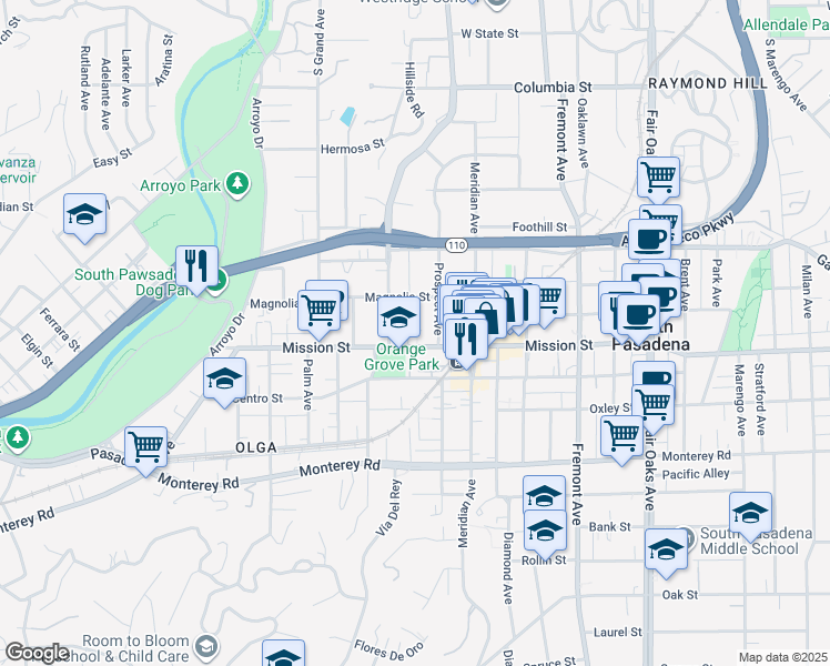 map of restaurants, bars, coffee shops, grocery stores, and more near 806 Mission Street in South Pasadena