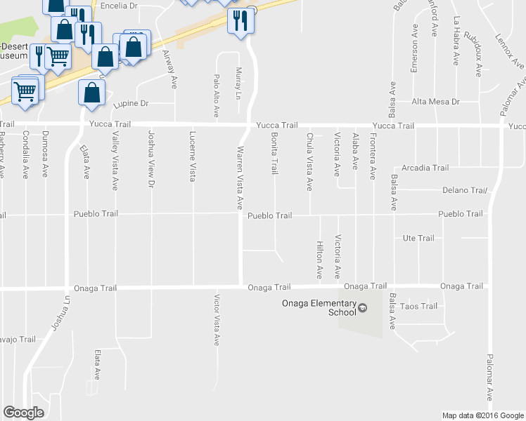 map of restaurants, bars, coffee shops, grocery stores, and more near 57762 Pueblo Trail in Yucca Valley