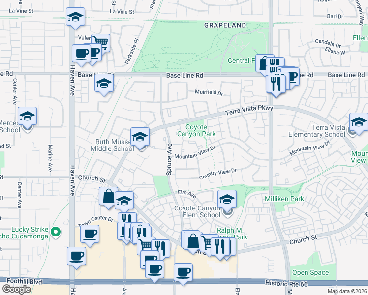 map of restaurants, bars, coffee shops, grocery stores, and more near 10935 Terra Vista Parkway in Rancho Cucamonga