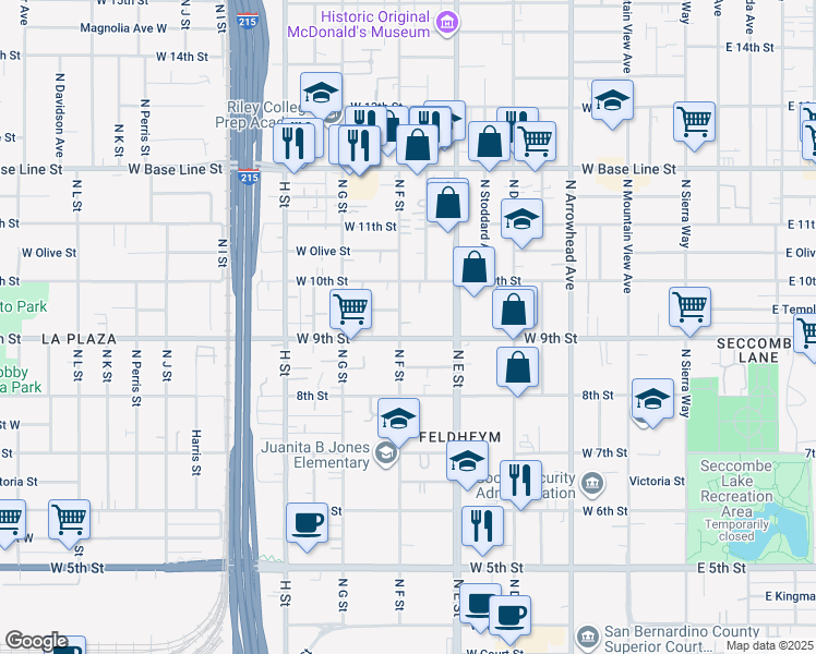 map of restaurants, bars, coffee shops, grocery stores, and more near 566 West 9th Street in San Bernardino