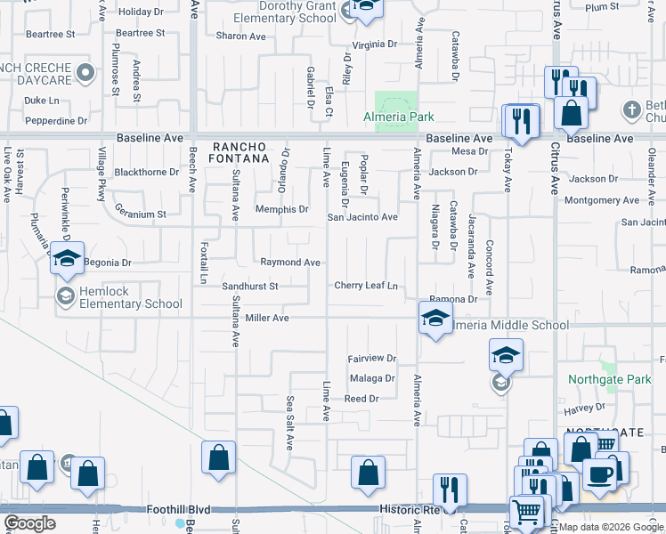 map of restaurants, bars, coffee shops, grocery stores, and more near 7575 Lime Avenue in Fontana