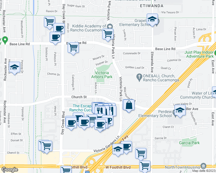 map of restaurants, bars, coffee shops, grocery stores, and more near 12608 Chimney Rock Drive in Rancho Cucamonga