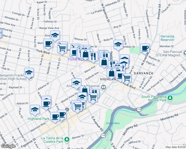 map of restaurants, bars, coffee shops, grocery stores, and more near 6155 Outlook Avenue in Los Angeles