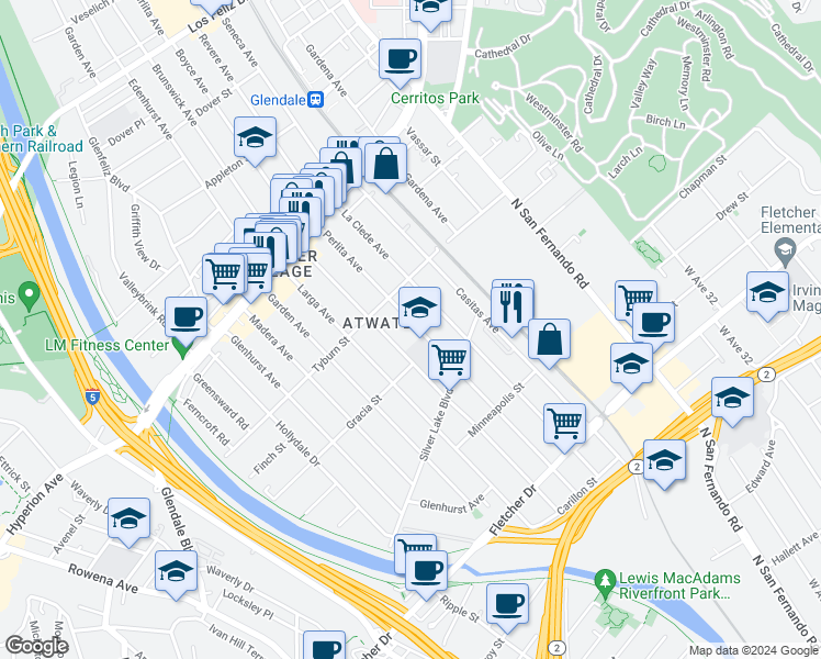 map of restaurants, bars, coffee shops, grocery stores, and more near 3320 Perlita Avenue in Los Angeles
