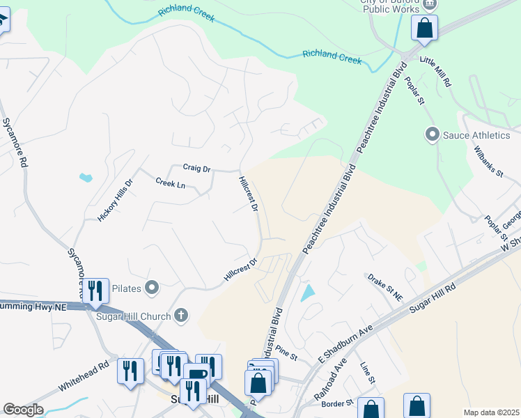 map of restaurants, bars, coffee shops, grocery stores, and more near 1252 Ainsworth Alley in Sugar Hill