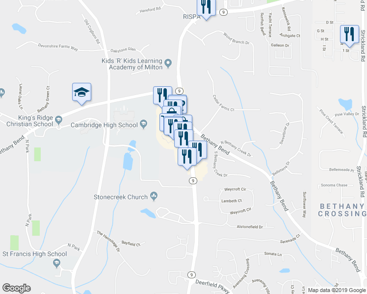 map of restaurants, bars, coffee shops, grocery stores, and more near 13792 Highway 9 in Alpharetta