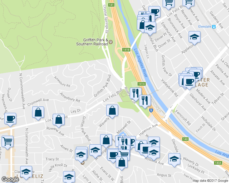 map of restaurants, bars, coffee shops, grocery stores, and more near 3663 Los Feliz Boulevard in Los Angeles