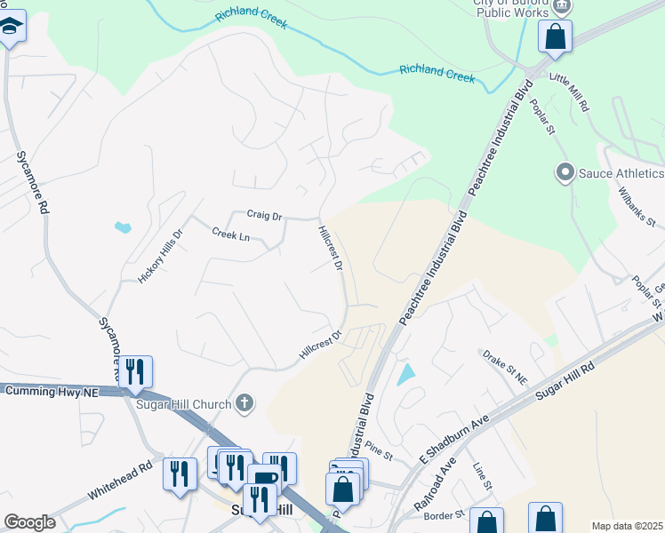 map of restaurants, bars, coffee shops, grocery stores, and more near 1495 Brookdale Drive in Sugar Hill