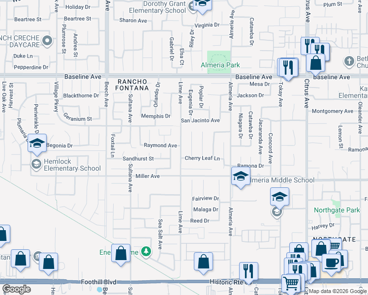 map of restaurants, bars, coffee shops, grocery stores, and more near 7582 Lime Avenue in Fontana