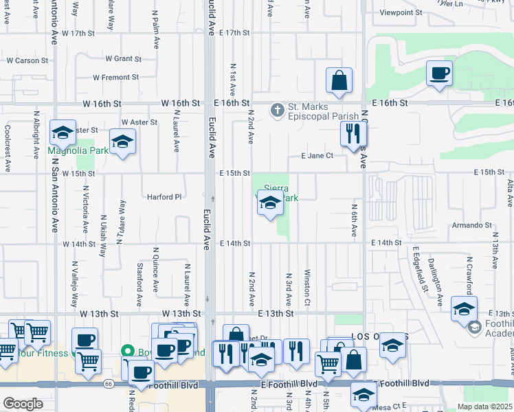 map of restaurants, bars, coffee shops, grocery stores, and more near 253 East 14th Street in Upland