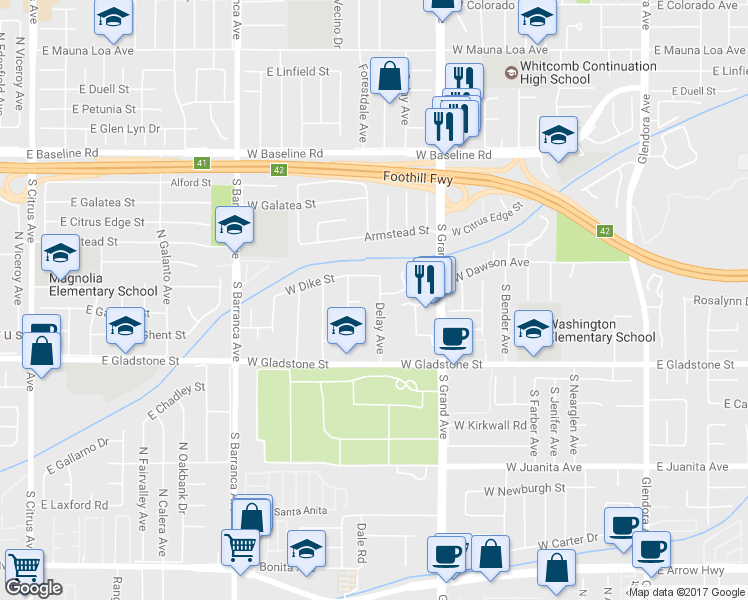 map of restaurants, bars, coffee shops, grocery stores, and more near 1235 Delay Avenue in Glendora
