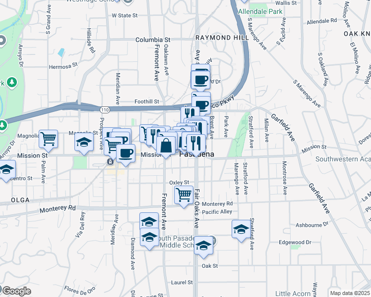 map of restaurants, bars, coffee shops, grocery stores, and more near 1422 Mission Street in South Pasadena