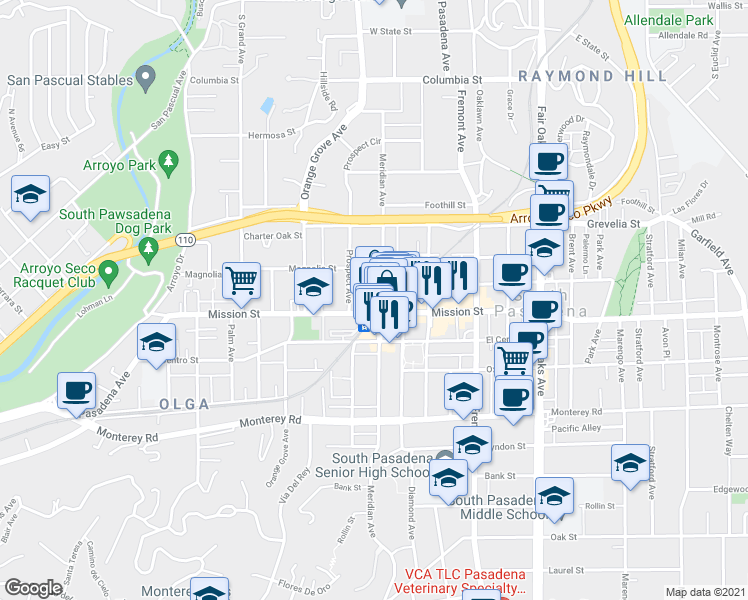 map of restaurants, bars, coffee shops, grocery stores, and more near in South Pasadena