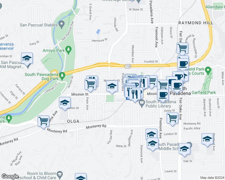 map of restaurants, bars, coffee shops, grocery stores, and more near 806 Mission Street in South Pasadena
