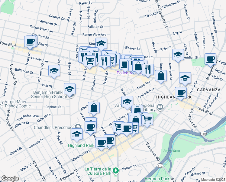 map of restaurants, bars, coffee shops, grocery stores, and more near 5748 Aldama Street in Los Angeles