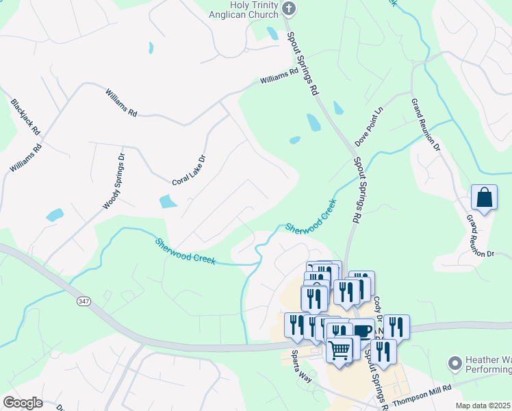 map of restaurants, bars, coffee shops, grocery stores, and more near 2225 Independence Lane in Buford