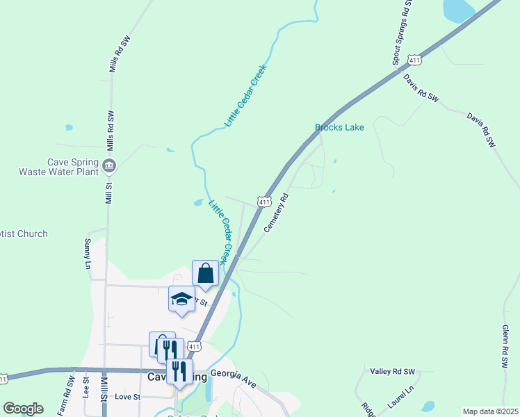 map of restaurants, bars, coffee shops, grocery stores, and more near Rome Street in Cave Spring