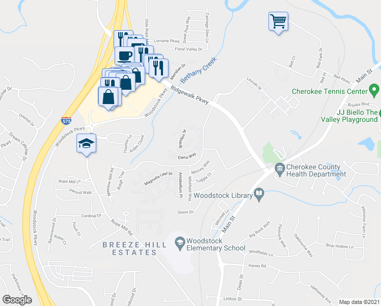map of restaurants, bars, coffee shops, grocery stores, and more near Elena Way in Woodstock