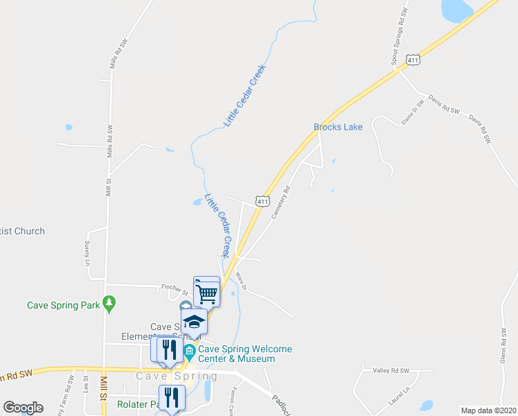 map of restaurants, bars, coffee shops, grocery stores, and more near Rome Street in Cave Spring