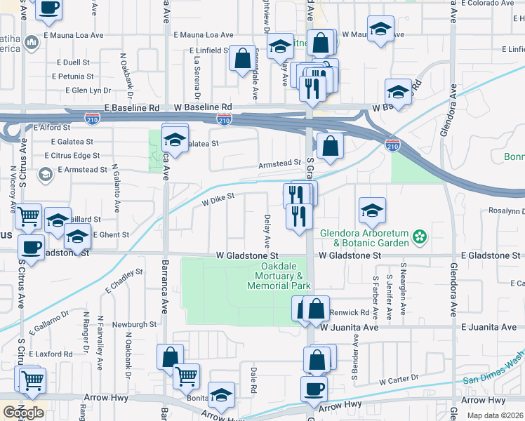 map of restaurants, bars, coffee shops, grocery stores, and more near 1235 Delay Avenue in Glendora