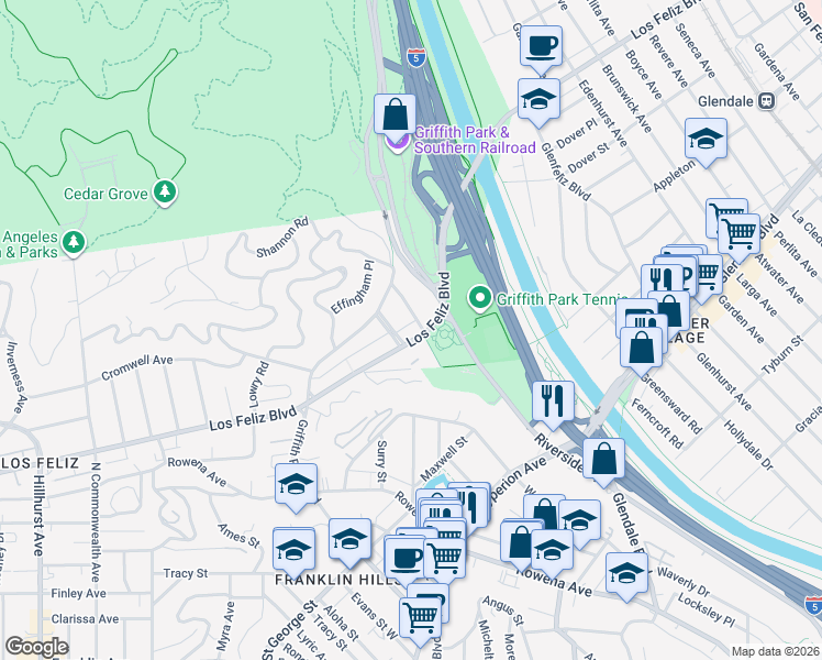 map of restaurants, bars, coffee shops, grocery stores, and more near 3663 Los Feliz Boulevard in Los Angeles