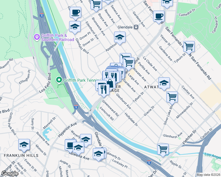 map of restaurants, bars, coffee shops, grocery stores, and more near 2257 Ewing Street in Los Angeles