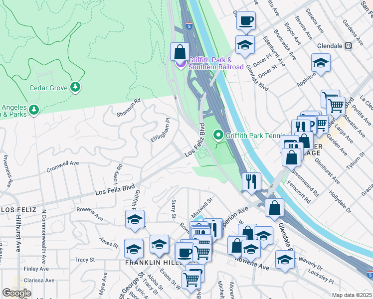 map of restaurants, bars, coffee shops, grocery stores, and more near 3400 Huxley Street in Los Angeles