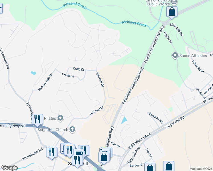 map of restaurants, bars, coffee shops, grocery stores, and more near 1256 Ainsworth Alley in Buford