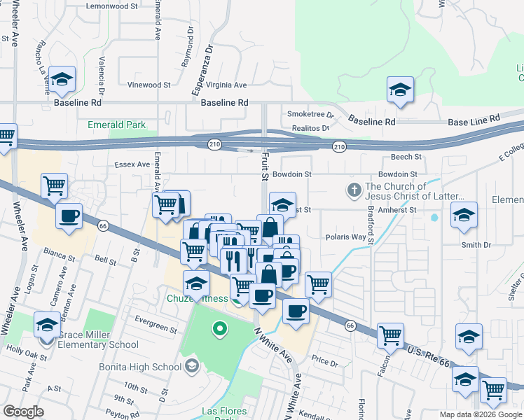 map of restaurants, bars, coffee shops, grocery stores, and more near 4095 Fruit Street in La Verne
