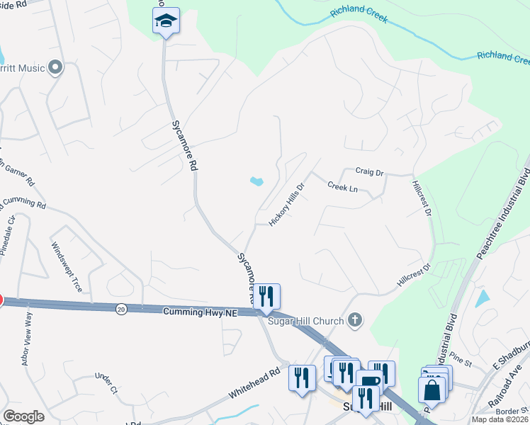 map of restaurants, bars, coffee shops, grocery stores, and more near 1256 Appling Road in Sugar Hill