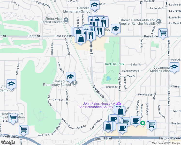 map of restaurants, bars, coffee shops, grocery stores, and more near 7598 Rio Del Sol Place in Rancho Cucamonga