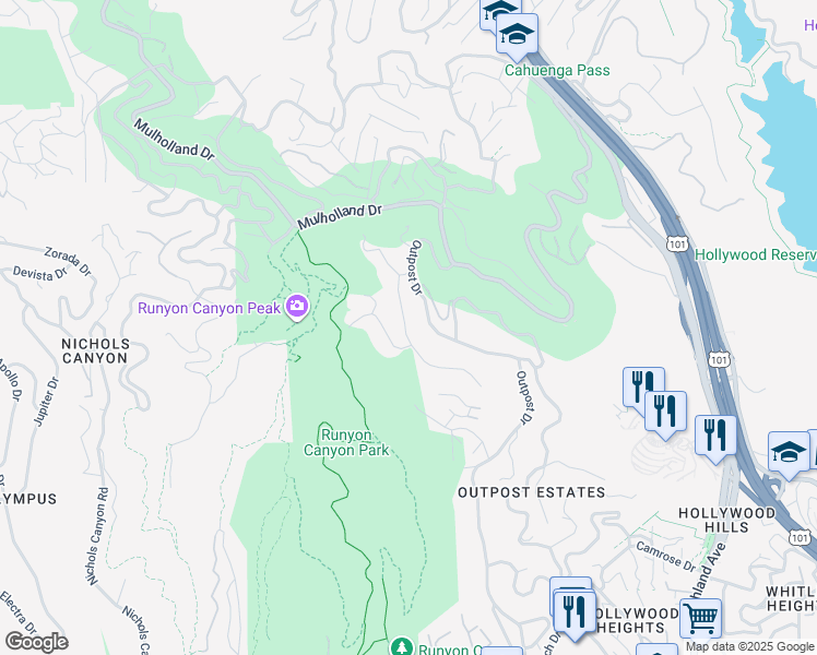 map of restaurants, bars, coffee shops, grocery stores, and more near 2608 Carman Crest Drive in Los Angeles