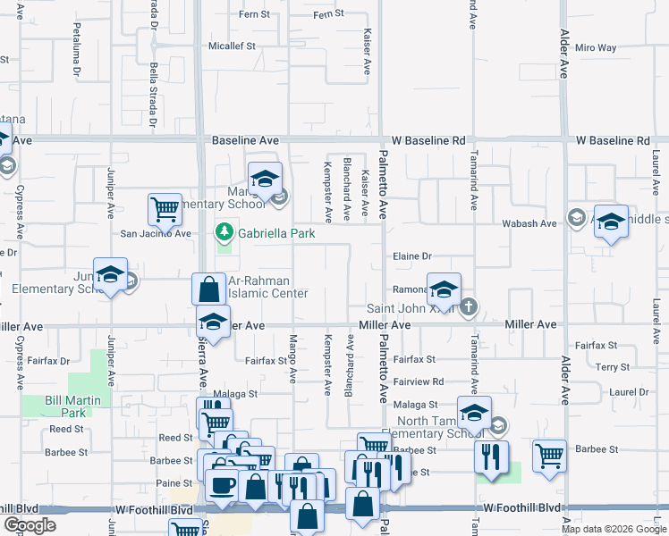 map of restaurants, bars, coffee shops, grocery stores, and more near 7575 Kempster Court in Fontana