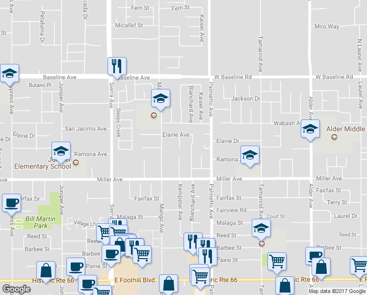 map of restaurants, bars, coffee shops, grocery stores, and more near 7575 Kempster Court in Fontana