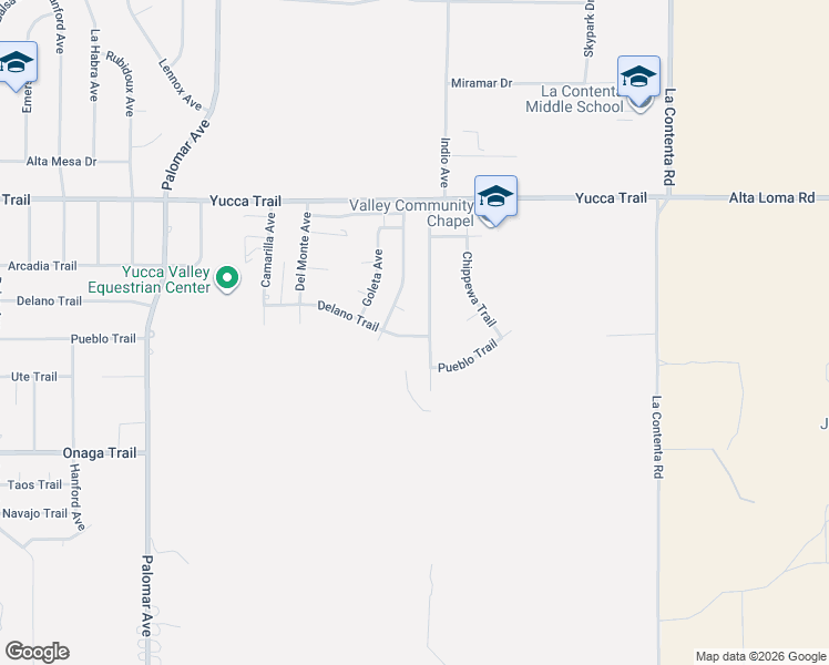 map of restaurants, bars, coffee shops, grocery stores, and more near 58874 Delano Trail in Yucca Valley