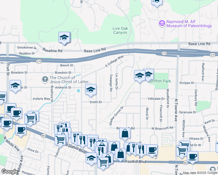 map of restaurants, bars, coffee shops, grocery stores, and more near 4065 Tenango Road in Claremont